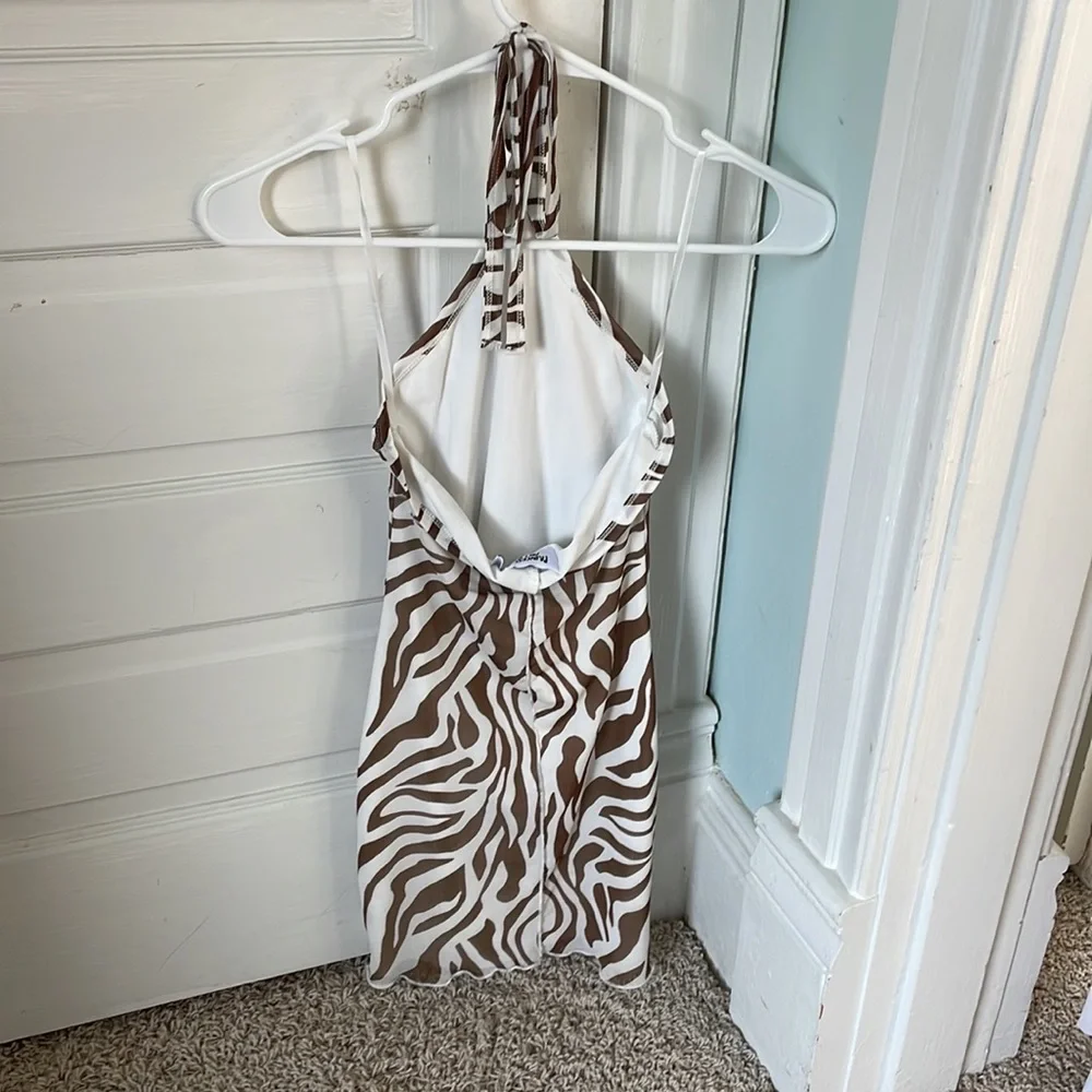 Brown and white zebra bodycon backless mini dress halter - Picture 2 of 2